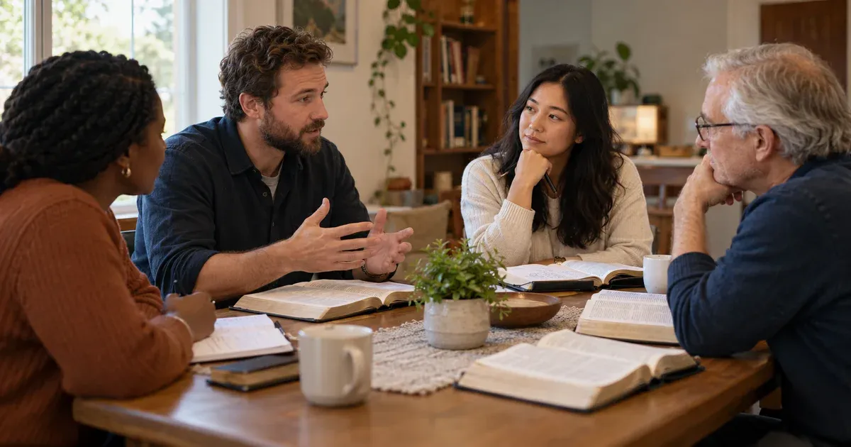 Four adults discussing open Bibles and study notes around a table.