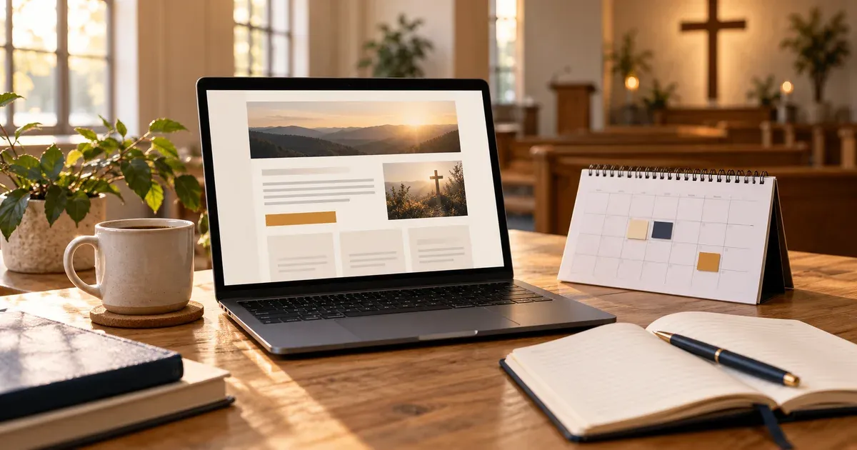 Laptop with a weekly email layout beside a calendar, notebook and coffee in a church.